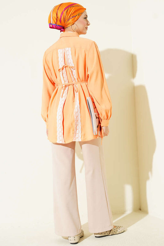 Oranje Tensel Blouse met Kant en Koord op de Rug