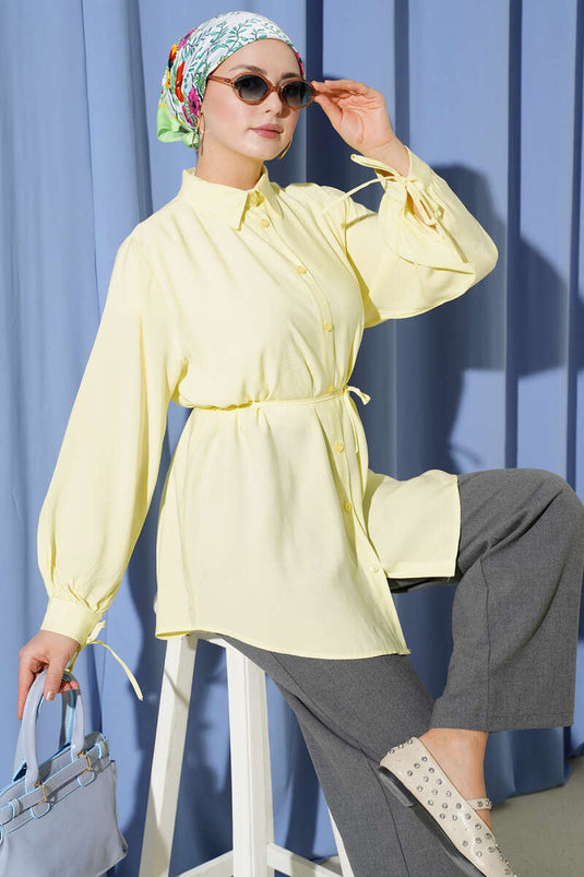 Sırt Dantelli İpli Tensel Gömlek Sarı