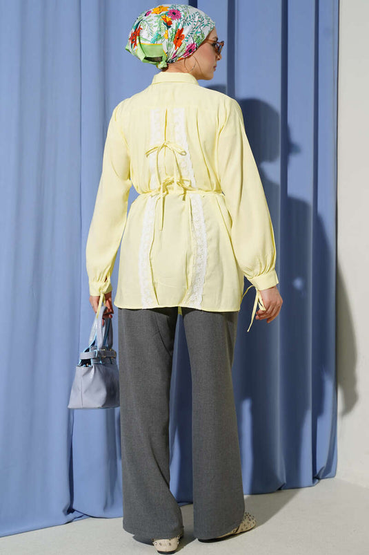 Sırt Dantelli İpli Tensel Gömlek Sarı