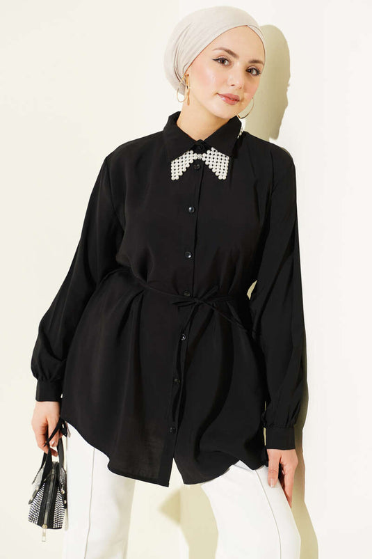 Black Tencel Shirt with Lace Back and Drawstring
