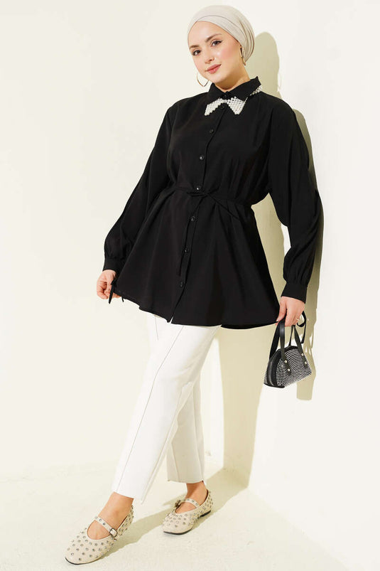 Black Tencel Shirt with Lace Back and Drawstring