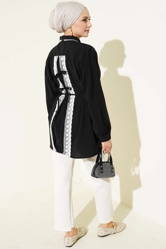 Black Tencel Shirt with Lace Back and Drawstring