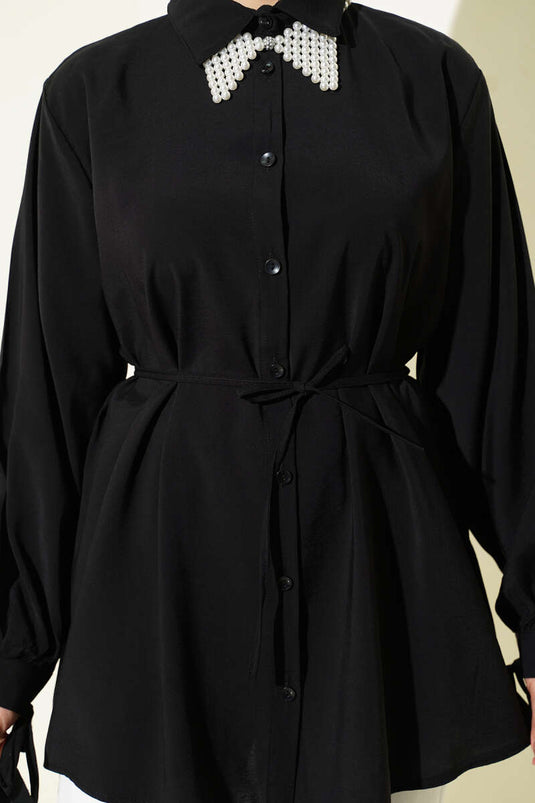 Black Tencel Shirt with Lace Back and Drawstring