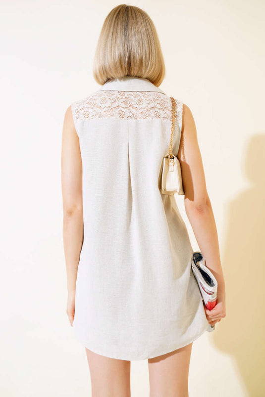 Lace Back Linen Blouse Beige
