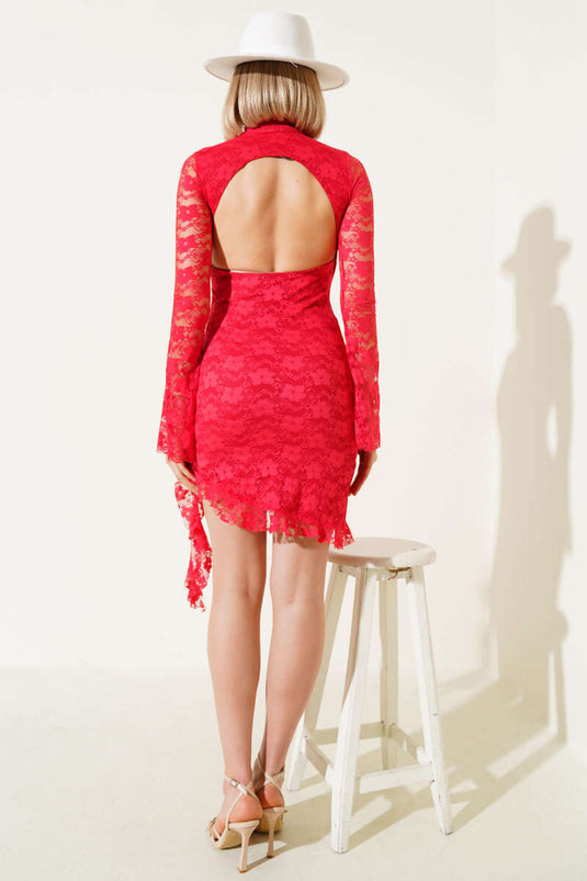 Backless Lace Mini Dress Red