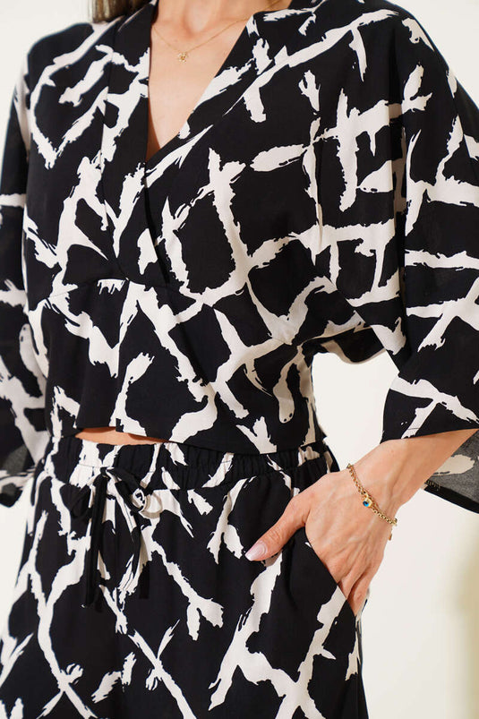 Zweiteiliges Crop-Top-Set mit Seildetail am Rücken, Schwarz