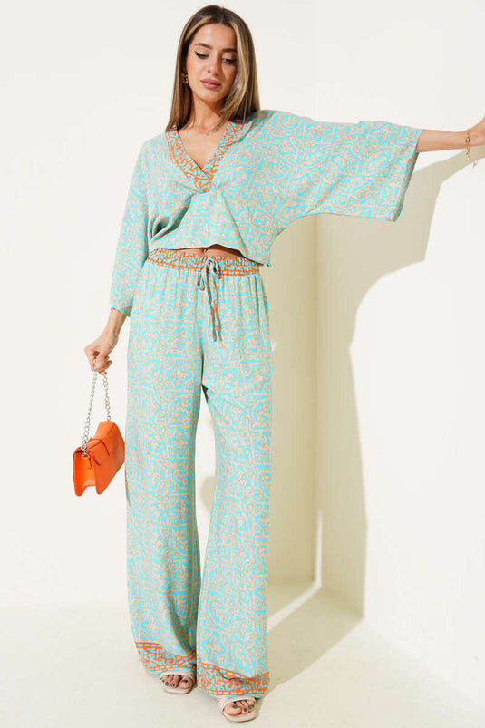 Ensemble deux pièces court à motifs avec détail de corde au dos et couleur pétrole