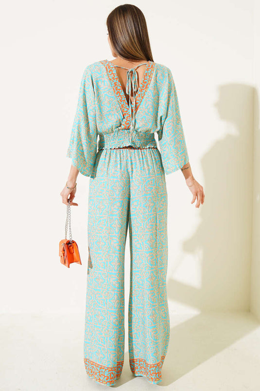 Patterned Crop Two Piece Suit with Back Rope Detail and Petrol