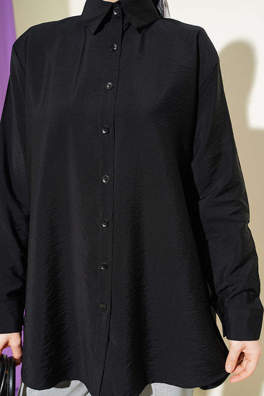 Schwarze Basic-Locker geschnittene Bluse mit Rückenfalten