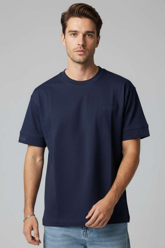 Sırt Yazılı Oversize Erkek T-shirt Lacivert