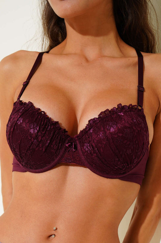 Soutien-gorge rembourré à dos croisé en dentelle prune foncé