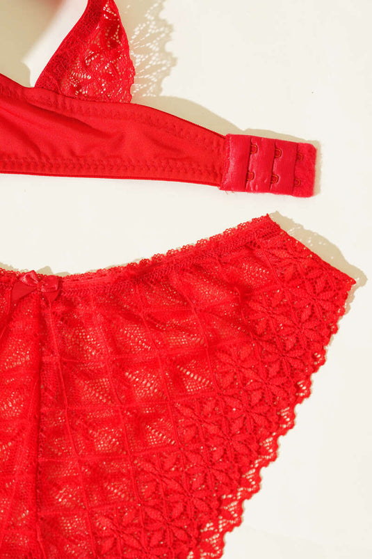 Sırtı Çapraz Dantelli Destekli Sütyen Takım Kırmızı