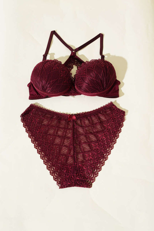 Ensemble soutien-gorge rembourré à dos croisé en dentelle prune