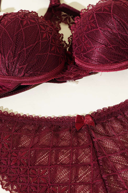 Ensemble soutien-gorge rembourré à dos croisé en dentelle prune