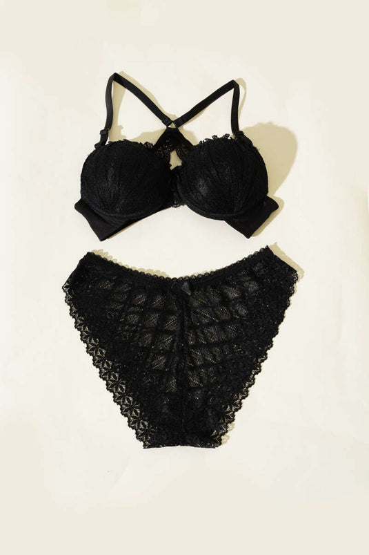 Ensemble soutien-gorge rembourré à dos croisé en dentelle noir