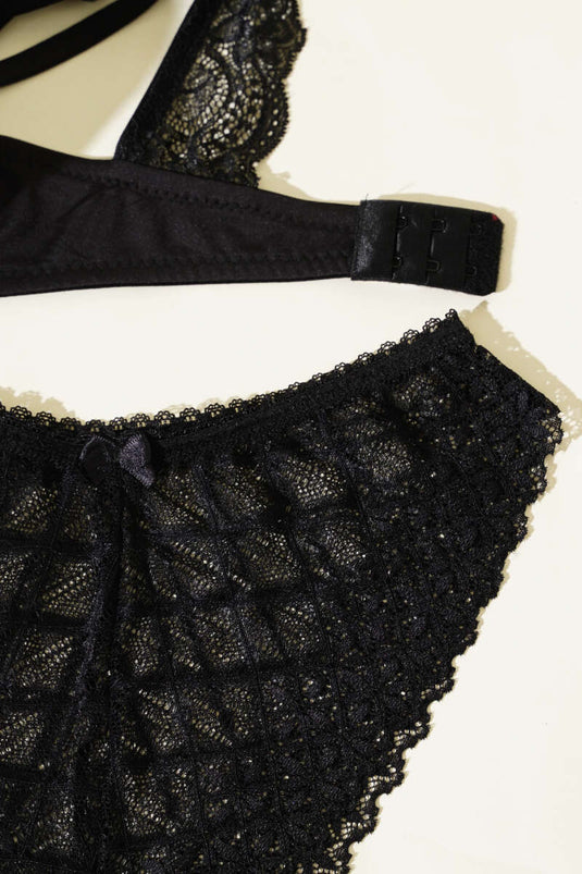 Sırtı Çapraz Dantelli Destekli Sütyen Takım Siyah