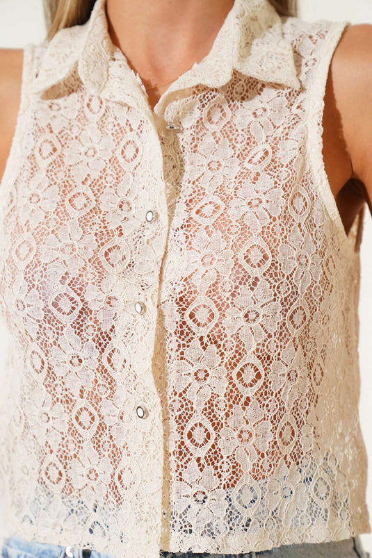 Beige Blouse with V-Back Lace Detail
