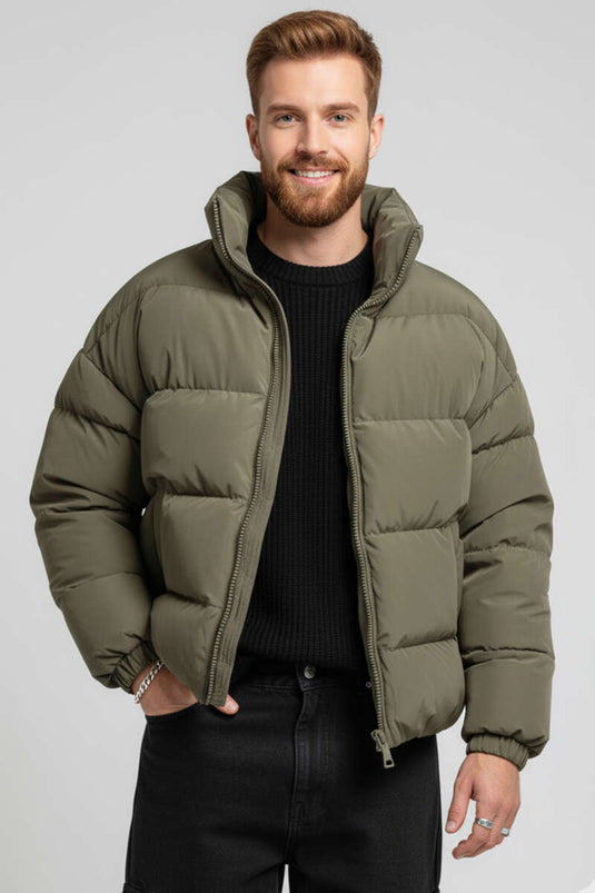 جاكيت رجالي مبطن، لون كاكي