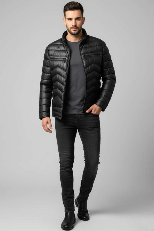 Men's Padded Leather Jacket, Black
