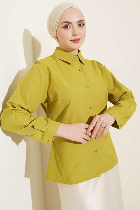 Slim Fit Basic Kısa Gömlek Yağ Yeşili