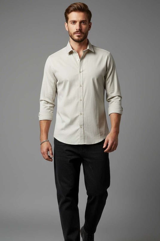 Slim Fit Cotton Satin Men's Shirt Beige