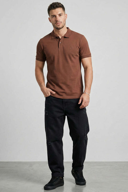 T-shirt homme slim fit à col boutonné, couleur café