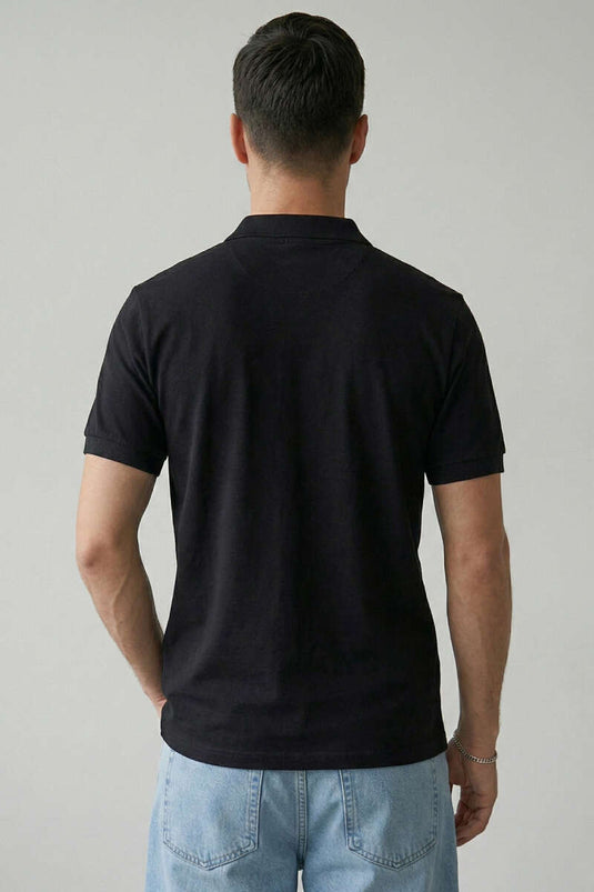 Slim Fit Yaka Düğmeli Erkek T-shirt Siyah