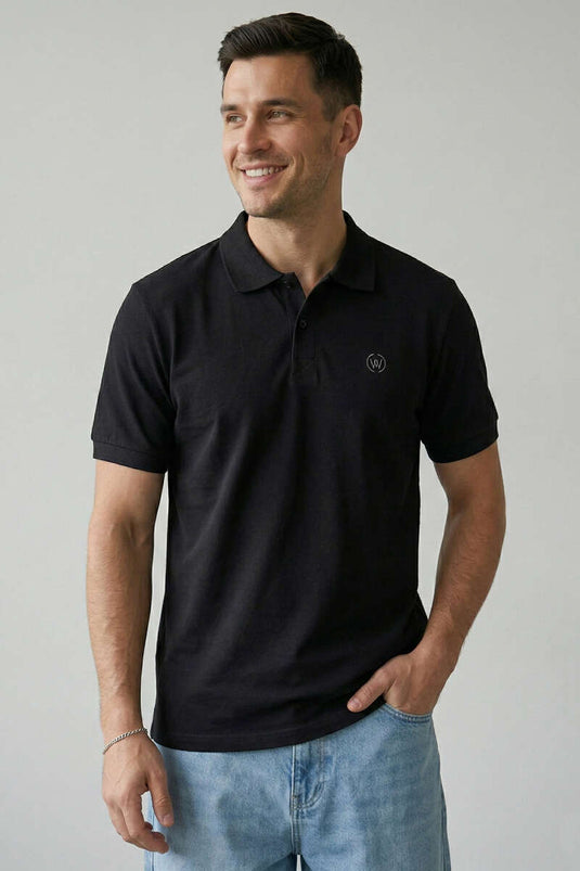 Slim Fit Yaka Düğmeli Erkek T-shirt Siyah