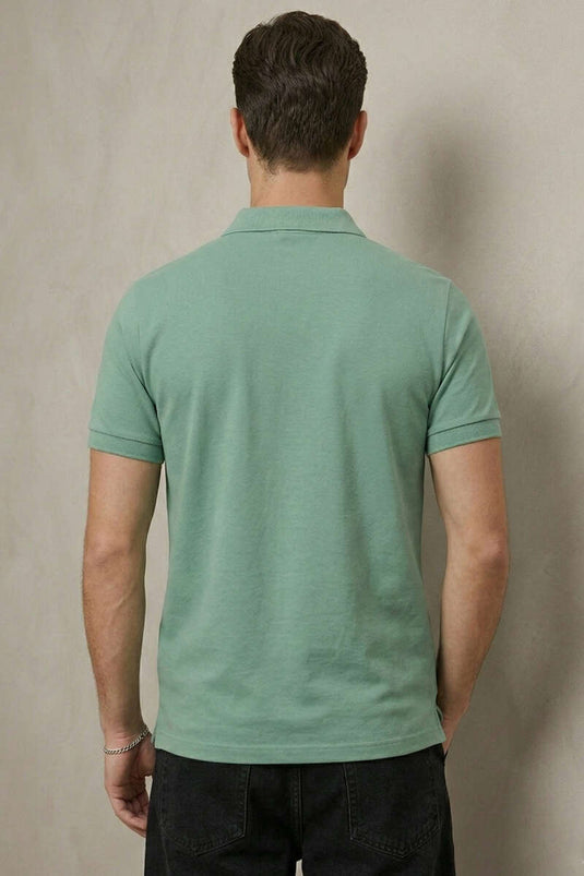 Slim Fit Collar Buttoned Men's T-shirt Aqua Green