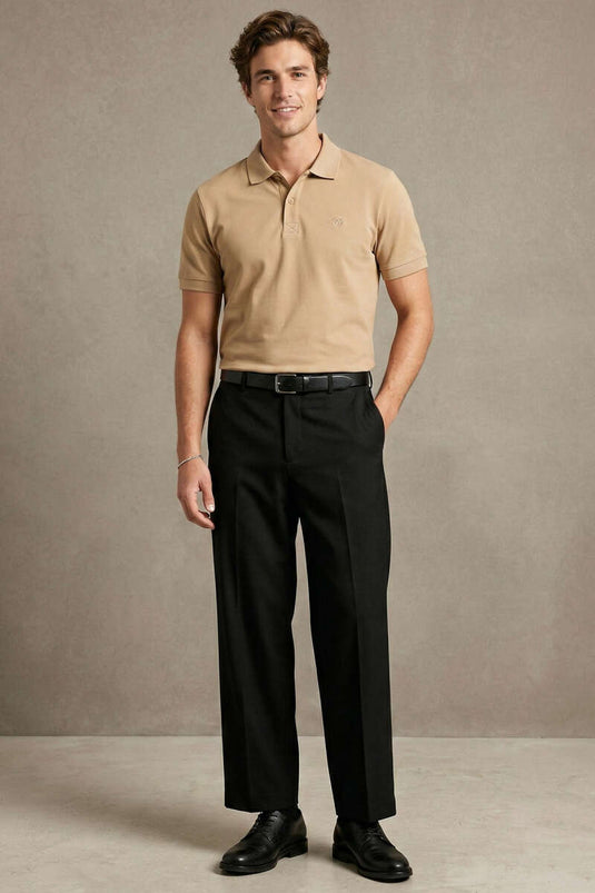 Slim Fit Yaka Düğmeli Erkek T-shirt Vizon