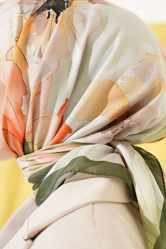 Soft Khaki Floral Patterned Scarf