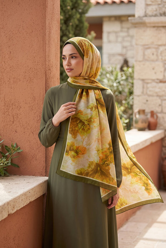 Blød Blomstret Sjal Serie I Khaki