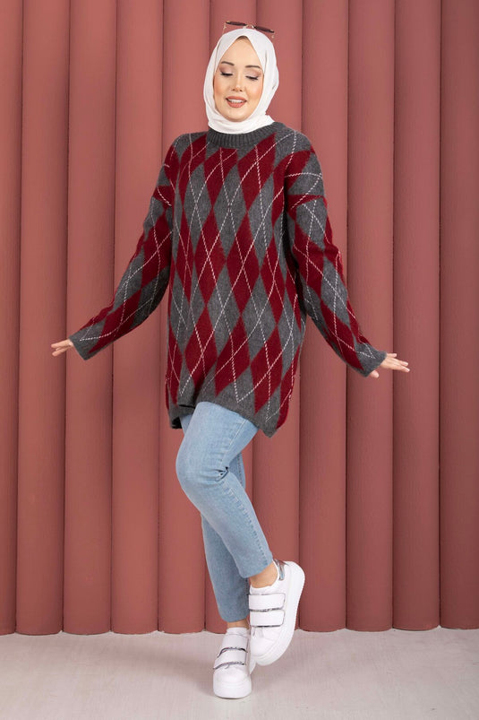Softie Baklava Patroon Gebreide Trui Bordeaux-Grijs