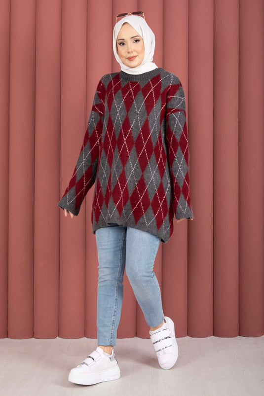 Softie Baklava Patterned Knit Sweater Burgundy-Grey