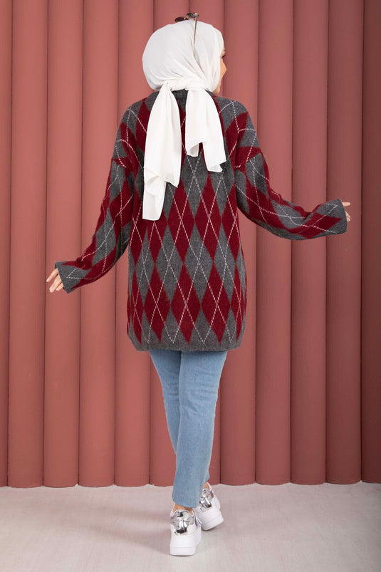 Softie Baklava Patroon Gebreide Trui Bordeaux-Grijs