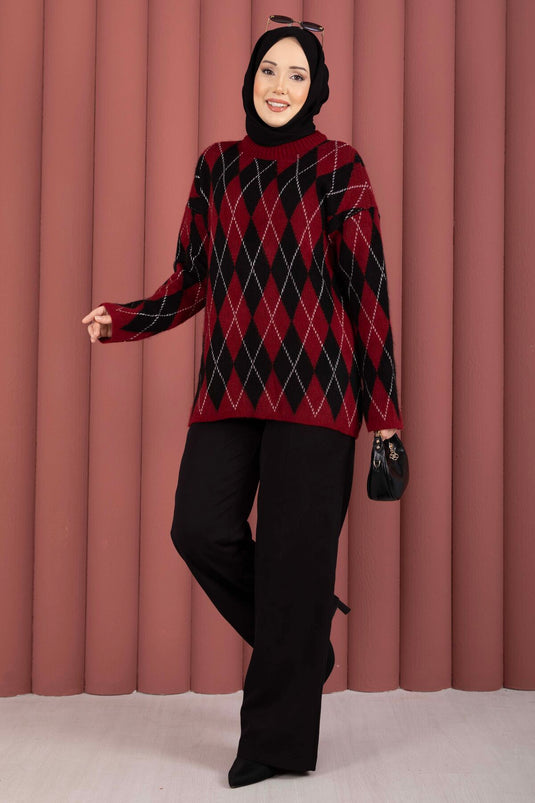 Softie Baklava Patterned Knit Sweater Burgundy-Black