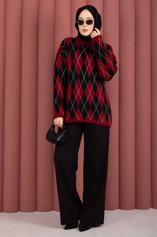 Softie Baklava Patterned Knit Sweater Burgundy-Black