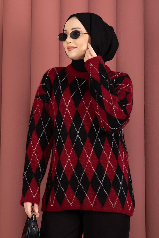 Softie Baklava Patterned Knit Sweater Burgundy-Black