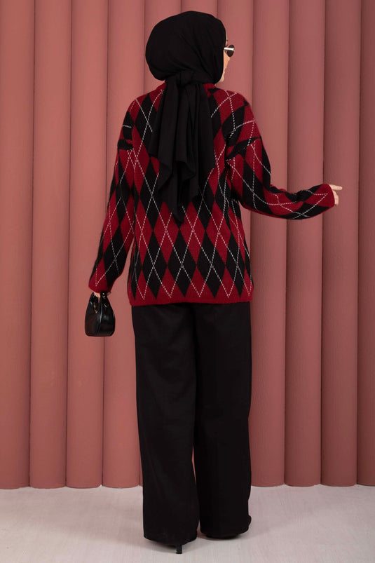 Softie Baklava Patterned Knit Sweater Burgundy-Black