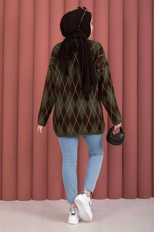 Softie Baklava Desenli Triko Kazak Haki