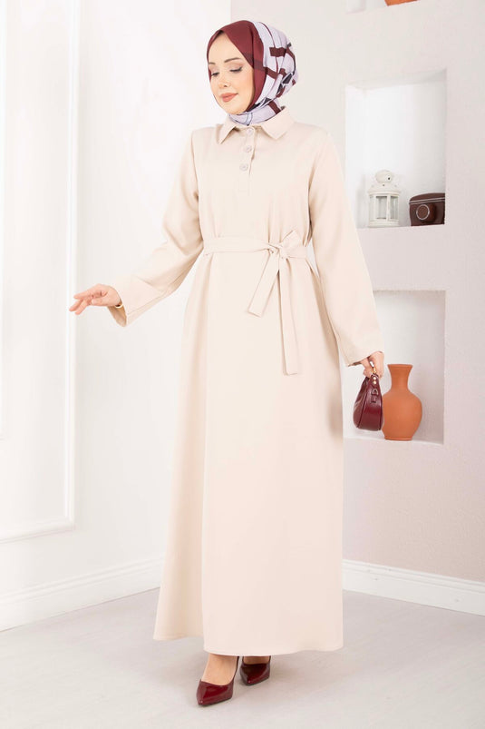Softline Half-Buttoned Belted Modest Dress Beige