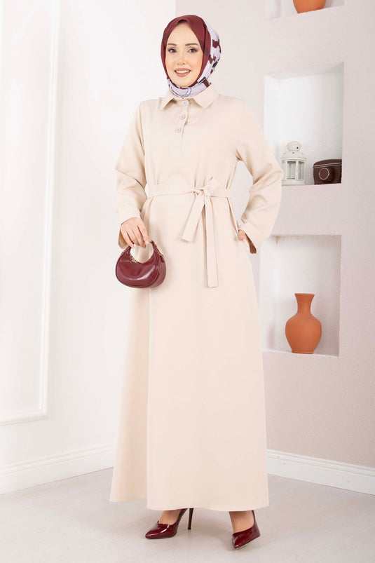 Softline Half-Buttoned Belted Modest Dress Beige