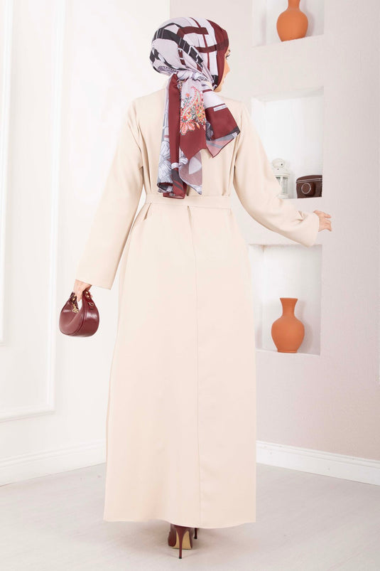 Softline Half-Buttoned Belted Modest Dress Beige