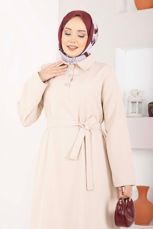 Softline Half-Buttoned Belted Modest Dress Beige