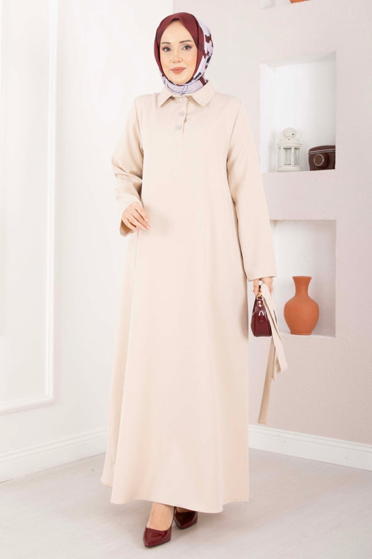 Softline Half-Buttoned Belted Modest Dress Beige