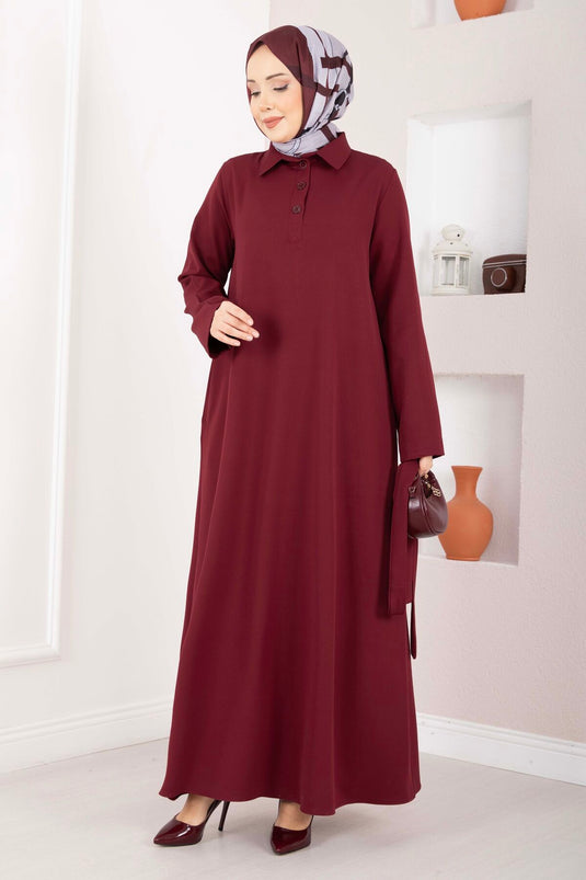 Softline Half-Buttoned Belted Modest Dress Burgundy