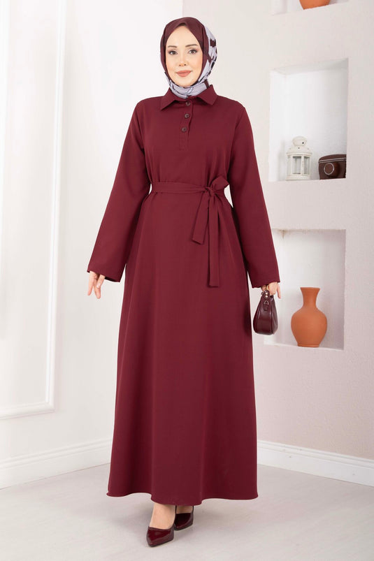 Softline Half-Buttoned Belted Modest Dress Burgundy