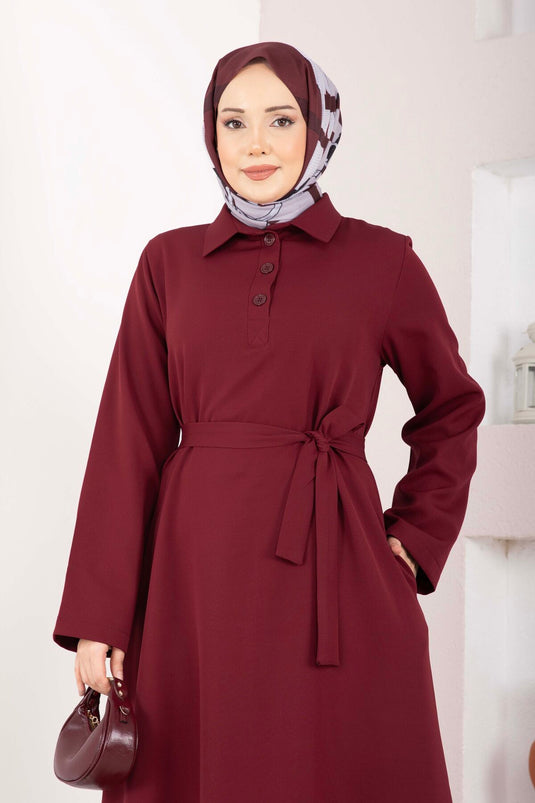 Softline Half-Buttoned Belted Modest Dress Burgundy