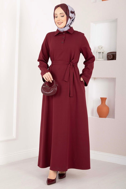 Softline Half-Buttoned Belted Modest Dress Burgundy