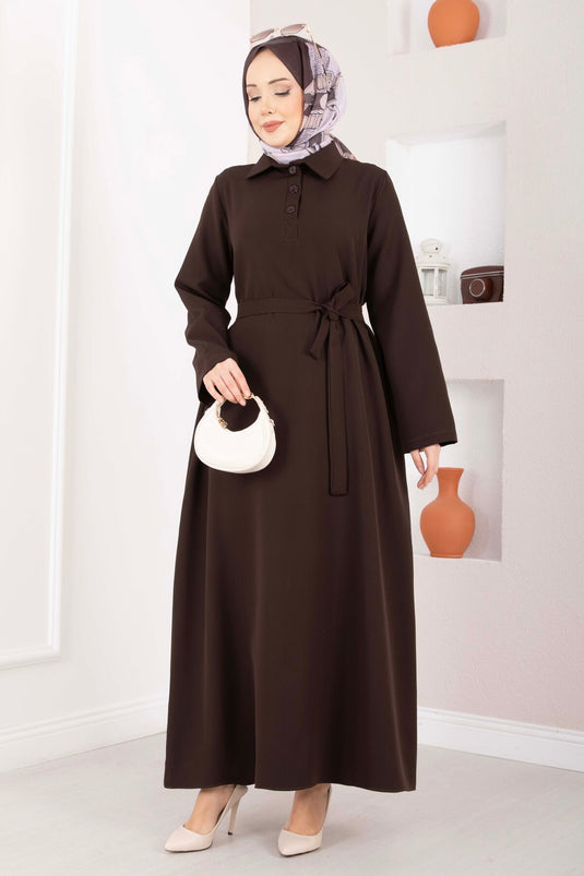 Softline Half-Buttoned Belted Modest Dress Brown